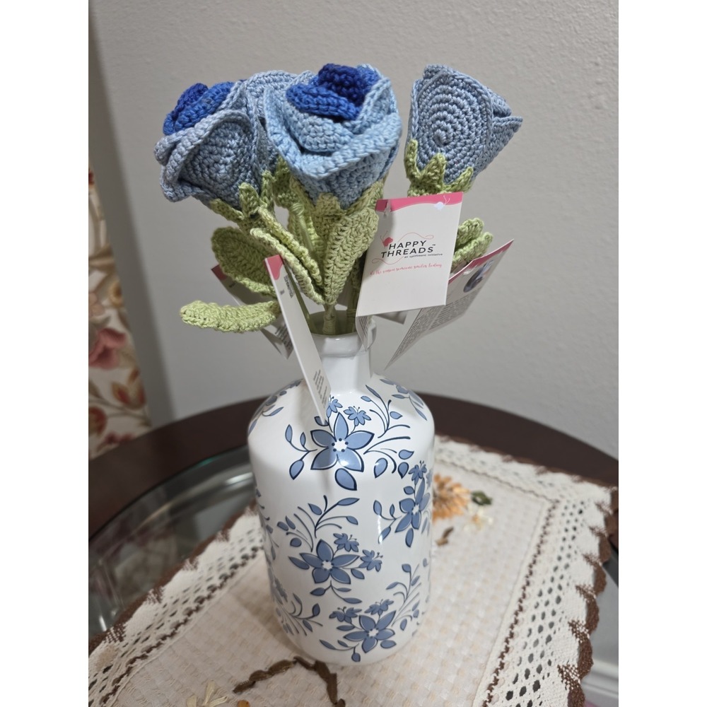 Handmade Crochet Blue Roses – Set of 5 | Knit Floral‎ Bouquet | Home Décor Gift